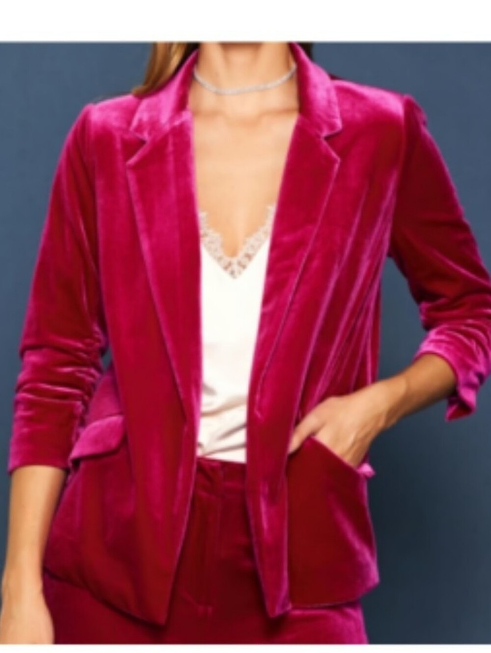 Skies Are Blue Ruched Velvet Open Blazer In Fuchsia Pink Size Medium